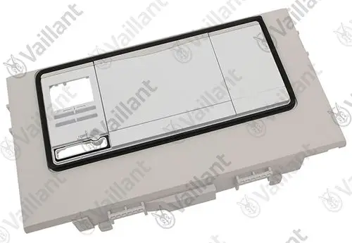 Vaillant Schaltkasten in grau mit Bedienelementen und einem weißen Deckel, versehen mit einer schwarzen Umrandung und einem Anschlussbereich auf der Unterseite.